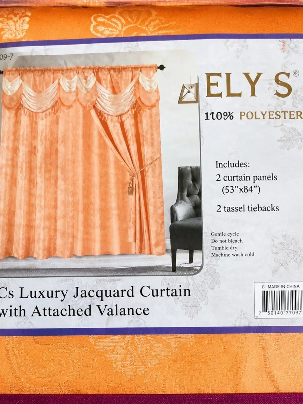 Orange Jacquard Curtain Set with Attached Valance